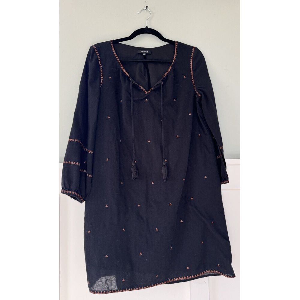 Madewell Black Long-Sleeve Embroidered Tunic Dress